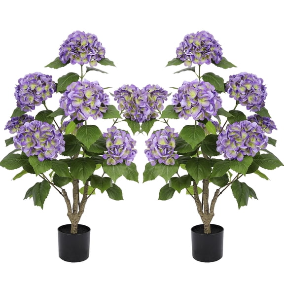 RosyHaven 3ft Real Touch Faux Hydrangea Tree Outdoor with Realistic & Waterproof Premium Latex Flowers,2Pack 36"Artificial Hydrangea Tree,Fake Outdoor Plants for Porch Patio Garden Room Decor,Purple