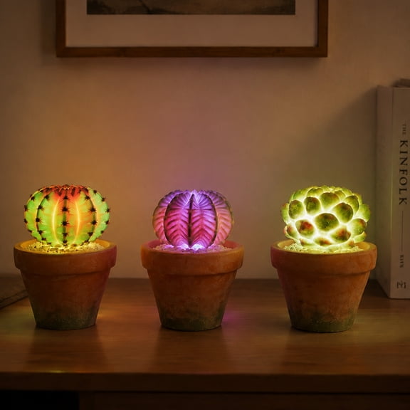RosyHaven 7.7"+7.9"+7.9" Faux Succulents in Terracotta Pot with Warm White & Color Changing Light,3Pack Light Faux Cactus, Small Fake Succulents for Table Desk Bathroom Kitchen Shelf