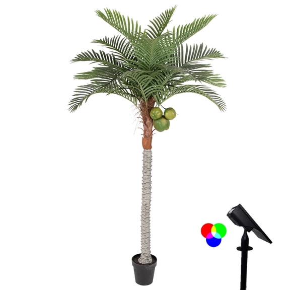 RosyHaven 8ft Lighted Artificial Coconut Tree with Multicolor RGB Solar Spotlight,96"Large UV Resistant Fake Palm Tree with Coconut Fruits & Full Leaves for Pool Patio Balcony Living Room Decor