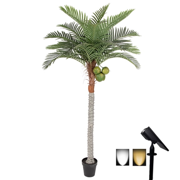 RosyHaven 8ft Lighted Artificial Coconut Tree with Solar Spotlight (Warm/Cool White Fixed Colors) , 96"Large UV Resistant Fake Palm Tree with Coconut Fruits for Poolside Patio Balcony Li