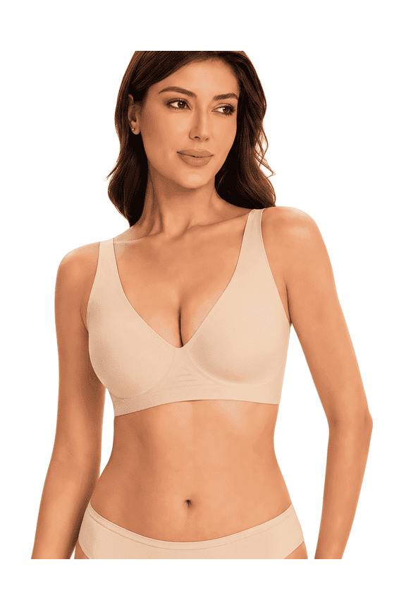 Women’s Deep V Wireless Bra No Underwire Full Coverage Support Bra, 360° Jelly Strip Push Up Soft Comfort T-Shirt Bra with Bra Extender S-3XL