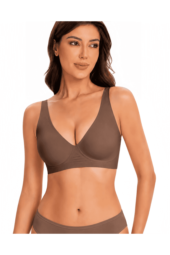Women’s Deep V Wireless Bra No Underwire Full Coverage Support Bra, 360° Jelly Strip Push Up Soft Comfort T-Shirt Bra with Bra Extender S-3XL