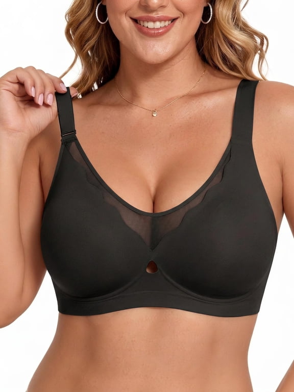 Women's Wireless Jelly Bra, No Underwire T-Shirt Bra with Wide Straps,Seamless Push Up Everyday Bra, Scalloped Mesh Neckline,S-3XL