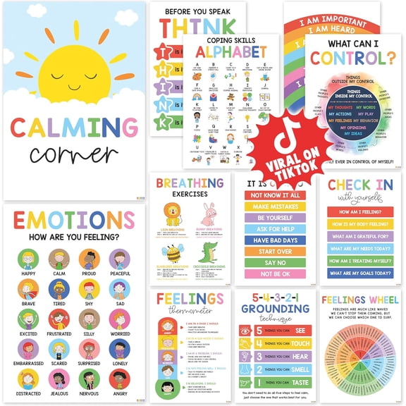 RotHome 10x14 Inch Calming Corner Posters for Kids Feelings Wheel Chart Emotions Poster Calm Down Corner Supplies Learning Posters for Toddlers Mental Health Wall Art Decorations 12 Pieces