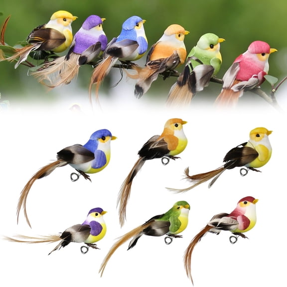 RotHome 12Pcs Clip on Fake Birds Feather Long Tail Artificial Birds Blue Bird Orange Bird Wooden Birds Style Bird Figurines Bird Decor for Craft Home Garden Wedding Embellishing