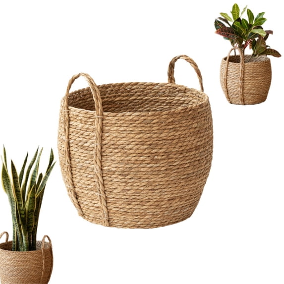 RotHome 12x10 Decorative Wicker Storage Basket for Home Decor, Round Woven Dog Toy Bin with Handles, Bathroom Towel Holder, Jute Plant Pot Cover for Indoor Shelf Closet Organization