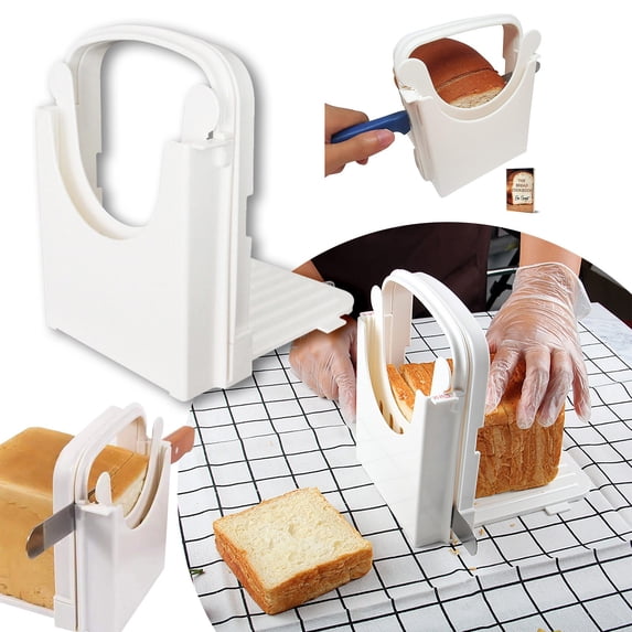 RotHome Adjustable Bread Slicer for Homemade Bread, Toast Cutting Guide with Manual Loaf Holder, Foldable Sandwich Slicer for Bagels, 5 Adjustable Slice Thickness Settings, White