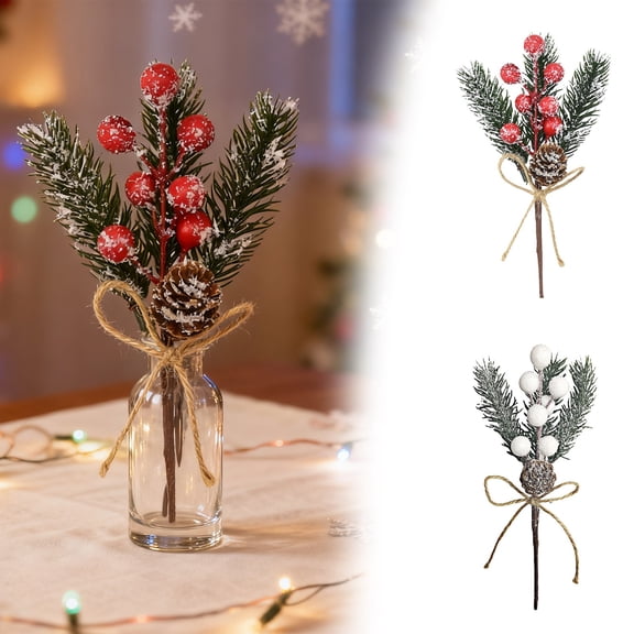 RotHome Artificial Christmas Picks with Red Berries, Evergreen Pine Branches and Natural Pine Cones for Winter Holiday Wreath Garland Decor, 1 Piece