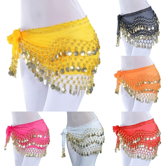 RotHome Belly Dance Hip Scarf Chiffon Wrap Belt with Gold Coins, Sparkling Dangling Waist Chain Sash for Professional Dance Costume Performance