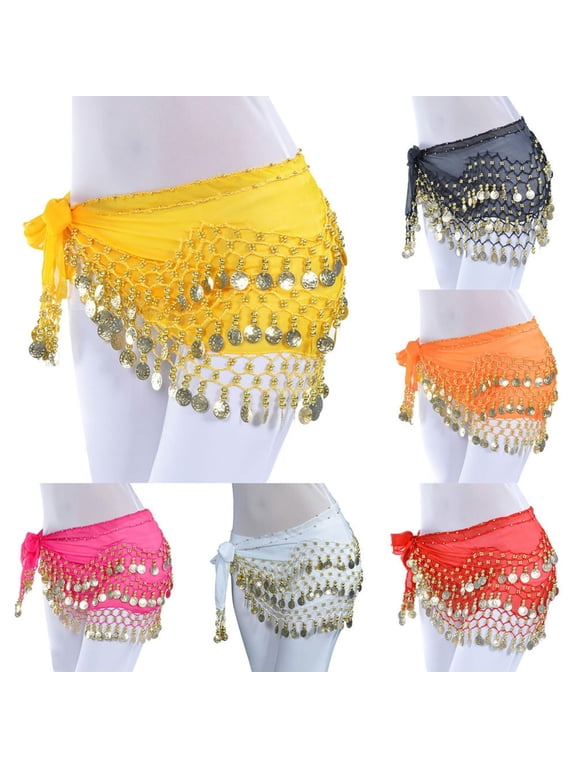Belly Dance Hip Scarf Skirt with Gold Coins Waist Chain, Chiffon Dangling Bling Wrap Belt for Arabian Nights Carnival Costume Accessories