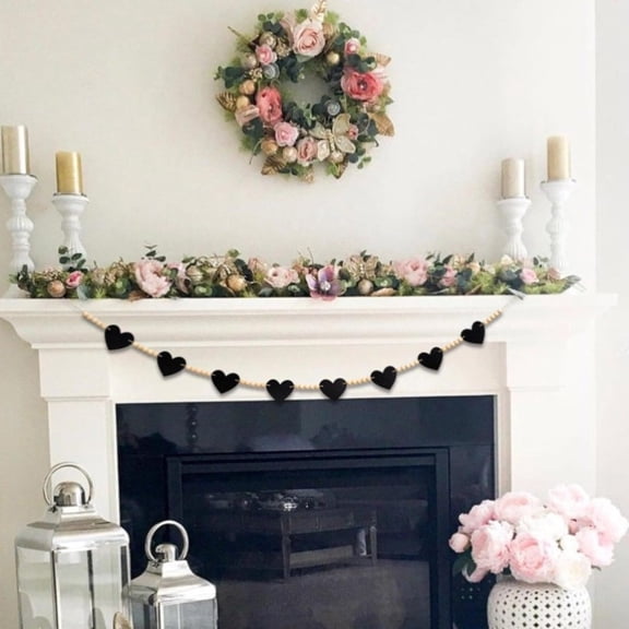RotHome Black Felt Heart Garland with Wood Beads for Fireplace Mantel, Valentine's Day Decorations for Wedding Anniversary Party Supplies