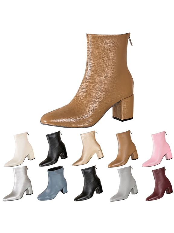 RotHome Booties for Women Pointed Toe Chunky Low Heel Short Ankle Boots Stylish Brwon Booties for Women Versatile Casual Dressy Office Work