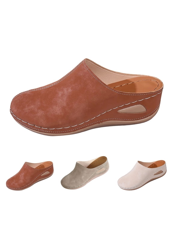 RotHome Closed Toe Sandals Women Leather Mules Comfortable Slip On Wedge Platform Clogs Non Slip Summer Casual Walking Shoes Arch Support Cushioned Insole