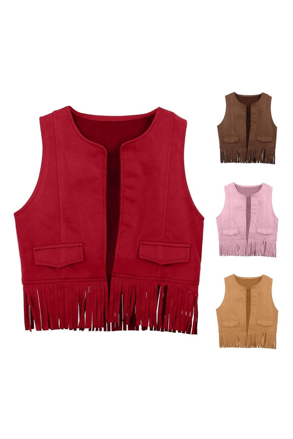 Cowgirl Vest Fringe Tops for Girl Rodeo Shirts Country Western Outfits Faux Suede Open Front Tassel Jacket Cardigan Size 5-14 Years