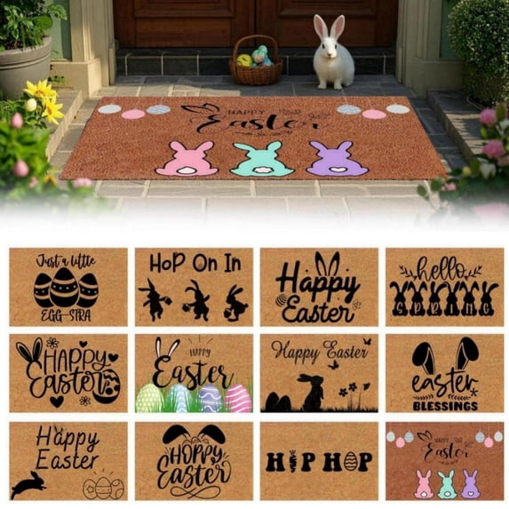 RotHome Easter Outdoor Rug Spring Wreaths for Front Door Theme Non Slip Coir Easter Mat with Rabbit Motif Easy to Clean Front Porch Rug for Home Entry Decor, 16 x 24 Inch