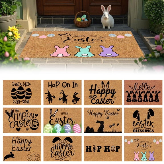 RotHome Easter Rugs Outdoor Non Slip Coir Door Mat Spring Front Door Decor with Easter Bunny Design Low Profile Durable Front Porch Mat for Home Entrance, 16 x 24 Inch