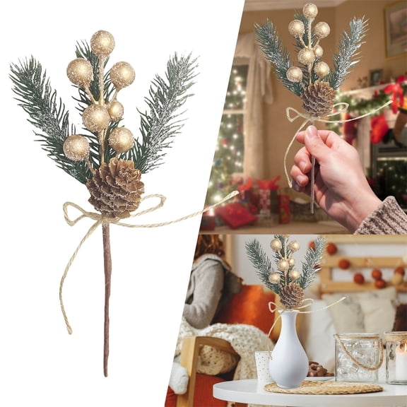 RotHome Fake Christmas Flowers and Greenery Picks Artificial Pine Needle Sprays with Mixed Red Berries Small Pinecones and Gold Accents for Holiday Centerpieces 12 Piece