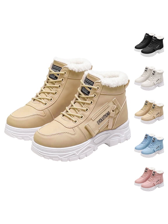 Fleece Lined High Top Sneakers Women Winter Warm Plush Thermal Ankle Boots With Side Zipper Pocket And Chic Platform Outdoor Shoes Beige Size 5