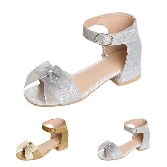 RotHome Girls Heels Dress Shoes Chunky Low Block Heel Open Toe Sandals with Bow Ankle Strap Flower Girl Wedding Party Shoes for Bridesmaid Evening Events