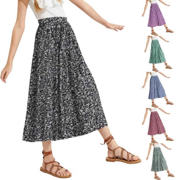 RotHome Girls Maxi Skirt Floral Boho Flowy A-Line Summer Midi Elastic Waist High Waist Long Tiered Ruffle Casual Lightweight Comfortable Soft Breathable Vacation Beach