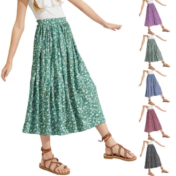 RotHome Girls Midi Skirt Boho Floral A-Line Flowy Tiered Ruffle Elastic Waistband High Waist Summer Long Casual Lightweight Soft Comfortable Breathable Vacation Beach