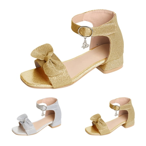 RotHome Girls Sandals Chunky Low Heels Dress Pump Open Toe Ankle Strap Bow Flower Wedding Party Shoes with Non-Slip Sole Comfortable Cushion Footbed