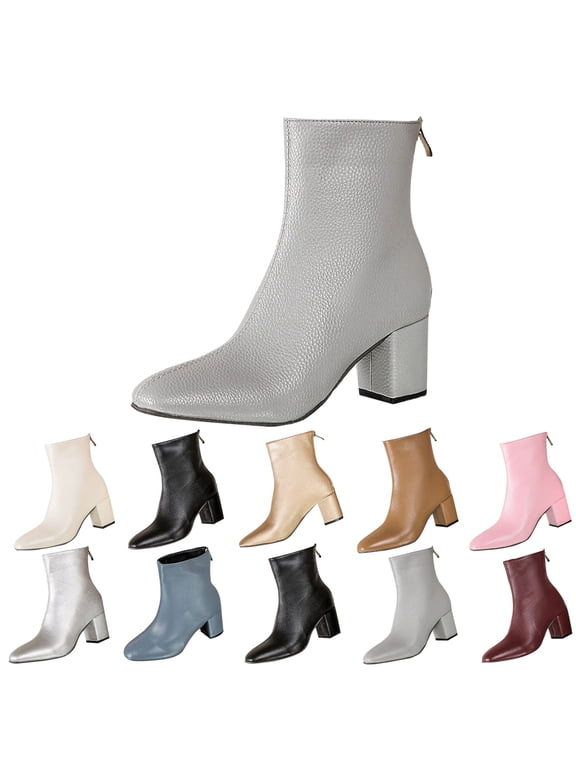 RotHome Grey Boots for Women Pointed Toe Chunky Block Heel Short Ankle Booties Low Heel Design Easy Slip On Fashion Boots Comfort Fit