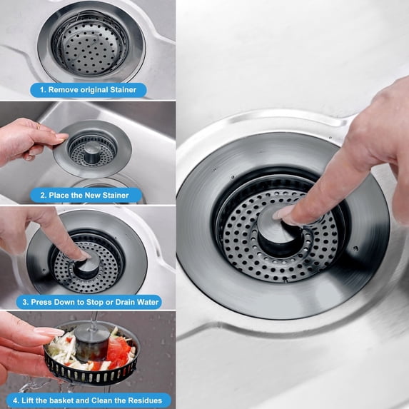 RotHome Kitchen Sink Drain Strainer Stopper Combo, Stainless Steel Basket Plug Cover Catcher for Food Debris, Sink Accessories Fits Standard 3-1/2 Inch Drain Opening for Kitchen Essentials