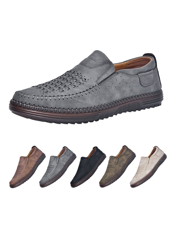 Men's Casual Slip on Shoes Breathable Woven Loafers Lightweight Flexible Sole Walking Flats Footwear for Fathers in Fall Autumn Grey Size 6