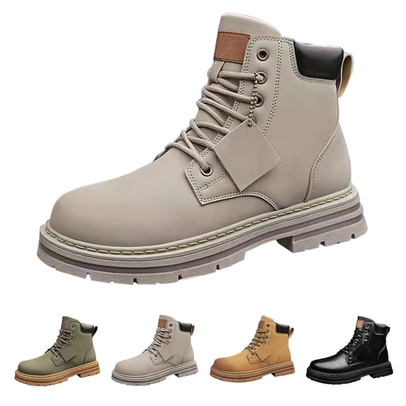 RotHome Mens Platform Boots High Top Combat Ankle Booties Lace-up Round Toe Non-Slip Treaded Sole Outdoor Work Casual Leather Footwear