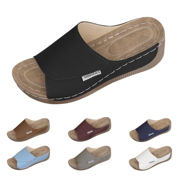 RotHome Orthopedic Sandals for Women 2026 Comfortable Orthotic PU Leather Wedges Slides Dressy Platform Heel Arch Support Slip On Sandals