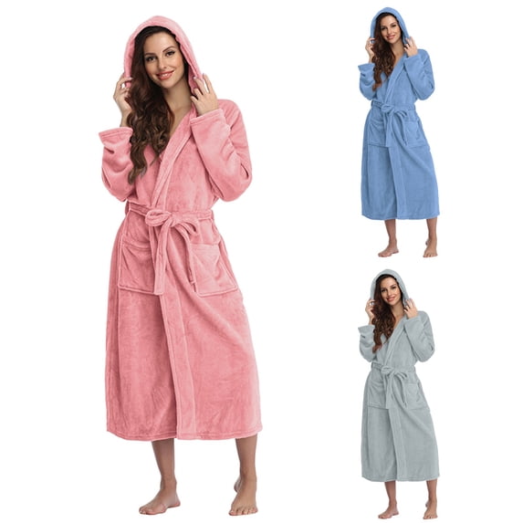 RotHome Soft Plush Hooded Robe for Women, Long Bathrobe with Pockets, Comfortable Fleece Bath Robe for Women for Spa, Shower, and Lounging, Pink