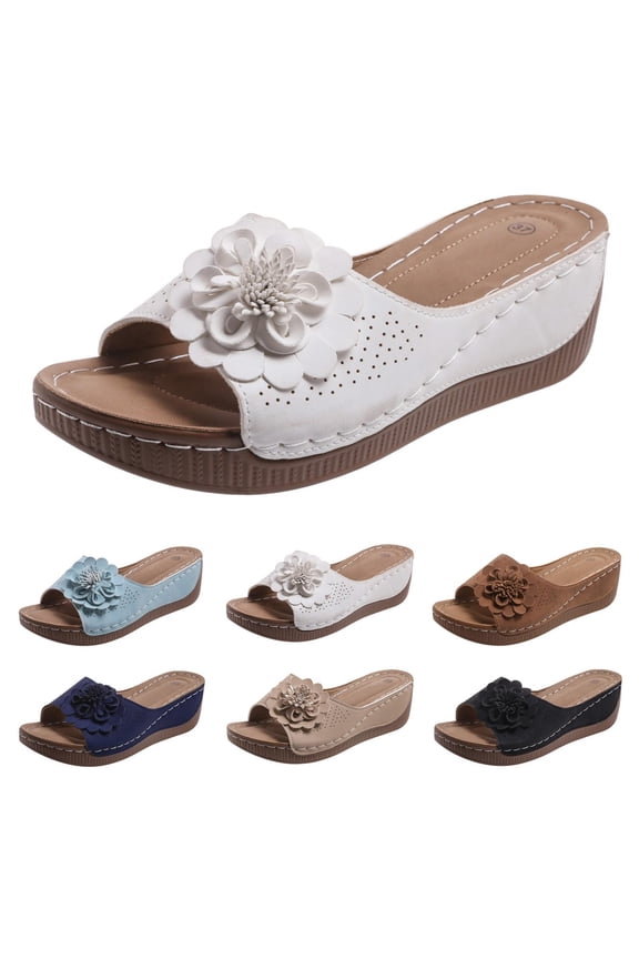 Spring Wedges for Women 2026 Small Wedge Sandals for Women Flower Dressy Open Toe Flat Platform Casual Boho Slip On Beach Walking Shoes Sandals Women Comfortable Summer Shoes for Women