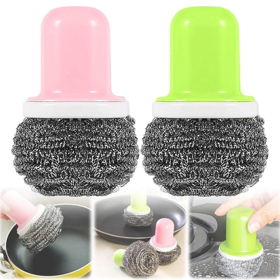 RotHome Steel Wool Scrubber Tool with Comfort Grip Handle, Durable Stainless Steel Scouring Brush Pad for Dishes, Heavy Duty Cast Iron Cleaner for Kitchen Pots, Pans and Sink - 1 Pack