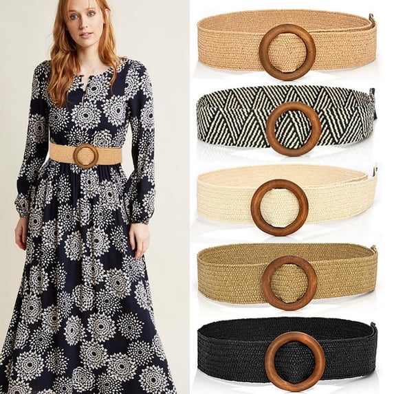 RotHome Straw Woven Elastic Stretch Belts for Women Boho Braided Dress Belt Comfortable Raffia Waistband for Dresses Casual Summer Accessories Black