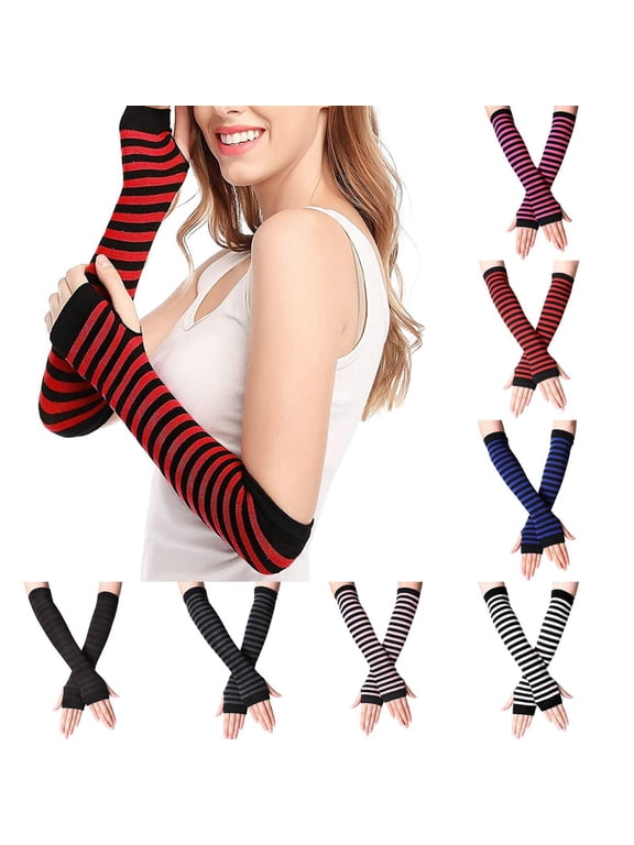 Striped Arm Warmers Long Fingerless Gloves, Soft Knitted Elbow Length Emo Gothic Punk Accessories, Black and White for Women Daily Wear