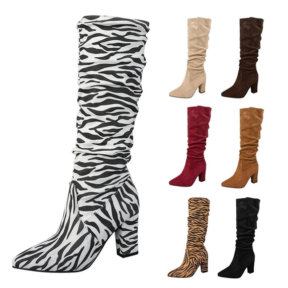 RotHome Suede Knee High Boots for Women Wide Calf Cowgirl Pointed Toe Slouchy Stacked Heel Boots Zipper Tall Dress Boots Chunky Heel Extra Wide Width
