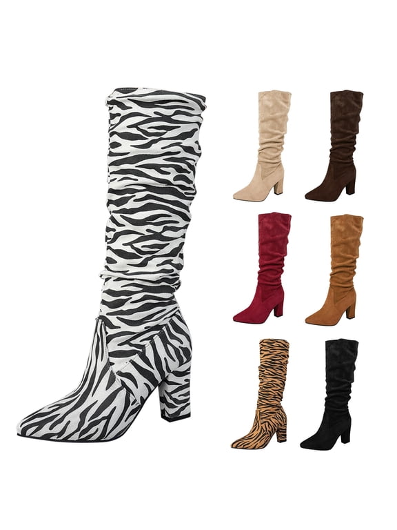 RotHome Suede Knee High Boots for Women Wide Calf Cowgirl Pointed Toe Slouchy Stacked Heel Boots Zipper Tall Dress Boots Chunky Heel Extra Wide Width