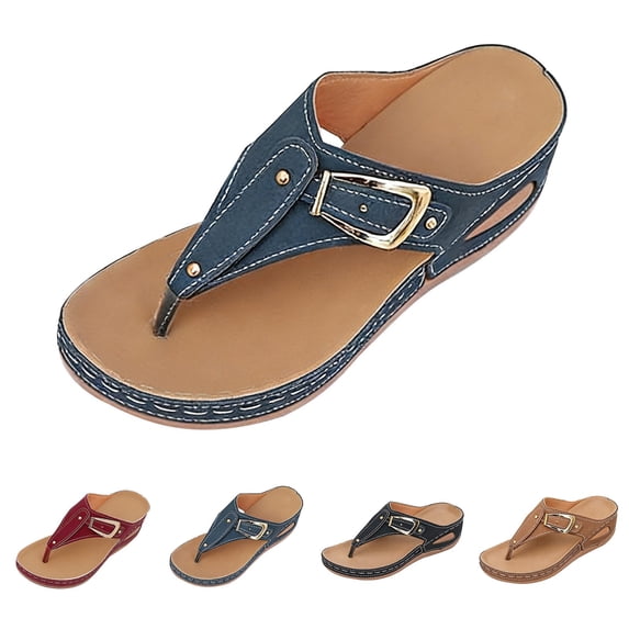 RotHome Summer Sandals for Women Dressy Wedge Sandals Casual Arch Support Slip On Buckle Strap Thong Slippers Waterproof Leather Beach Flip Flops Womens Sandals Comfortable
