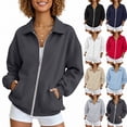 thumbnail image 1 of RotHome Trendy Women's Zip Up Sweatshirt Long Sleeve Lapel Collar Casual Top with Pocket Solid Color Fall Jacket Drop Shoulder Loungewear & Daily Basic, 1 of 1
