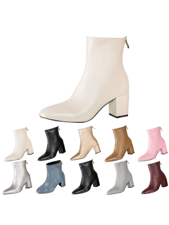 RotHome White Boots for Women Pointed Toe Chunky Block Heel Short Ankle Booties Low Heeled Clean Modern Look Fashion Forward Statement Piece