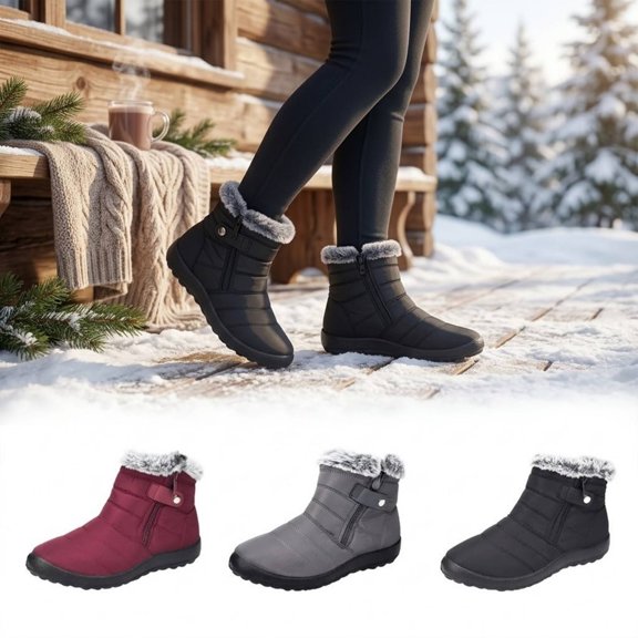 RotHome Women Ankle Snow Boots Waterproof Warm Fur Lined Winter Outdoor Walking Booties with Convenient Side Zipper and Anti-Slip Sole, Black, Size 5