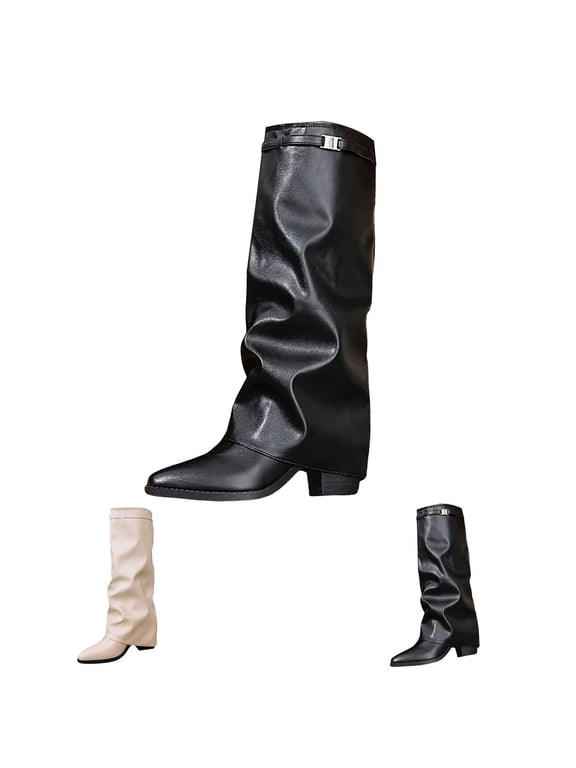 RotHome Women Knee High Boots Wide Calf Chunky High Heel Pointed Toe Fashion Fold Over Boots for Women Pull On Trendy Fall Winter Tall Boots
