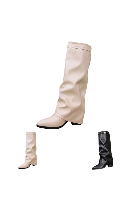 RotHome Women Tall Boots Knee High Wide Calf Chunky Heel Pointed Toe Fold Over Boots Fashionable Pull On Heel Boots for Women Trendy Fall Winter