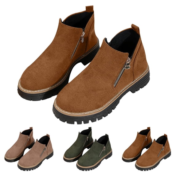 RotHome Women’s Ankle Boots Fashion Pointed Toe Side Zipper Chunky Heels Platform Retro Leather Booties Comfort Non-Slip Casual Work Shoes