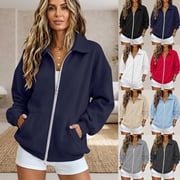 RotHome Women's Casual Collared Zip Up Sweatshirt Long Sleeve Oversized Fleece Jacket with Side Pockets Loose Fit Cozy Fall Winter Outerwear Navy M deal from Walmart