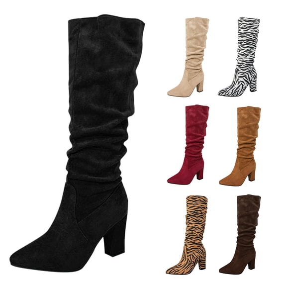 RotHome Women's Cowboy Boots Knee High Extra Wide Calf Pointed Toe Slouchy Suede Chunky Stacked Heel Zipper Closure Dress Boots for Women Botas de Mujer Wide Width
