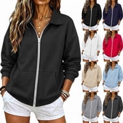 RotHome Women's Oversized Full Zip Up Sweatshirt with Kangaroo Pocket and Drop Shoulder Long Sleeve Collared Casual Lounge Coat for Fall Winter, Solid Black deal from Walmart