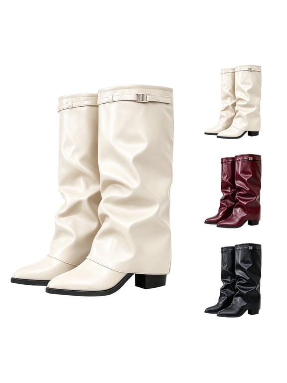 Women's Slouchy Knee High Boots Pointed Toe Chunky Heel Wide Calf Soft Faux Leather Long Shaft Pull On Winter Fashion Dress Shoes with Adjustable Buckle White