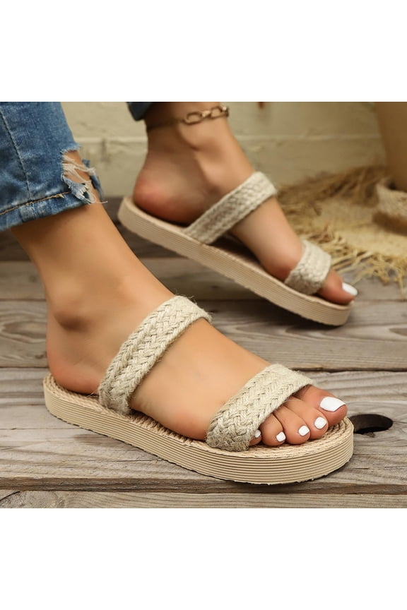 Womens Summer Slippers Straw Woven Rope Sandals Flat Slip On Beach Shoes Open Toe Lightweight Breathable Comfortable House Slippers for Women